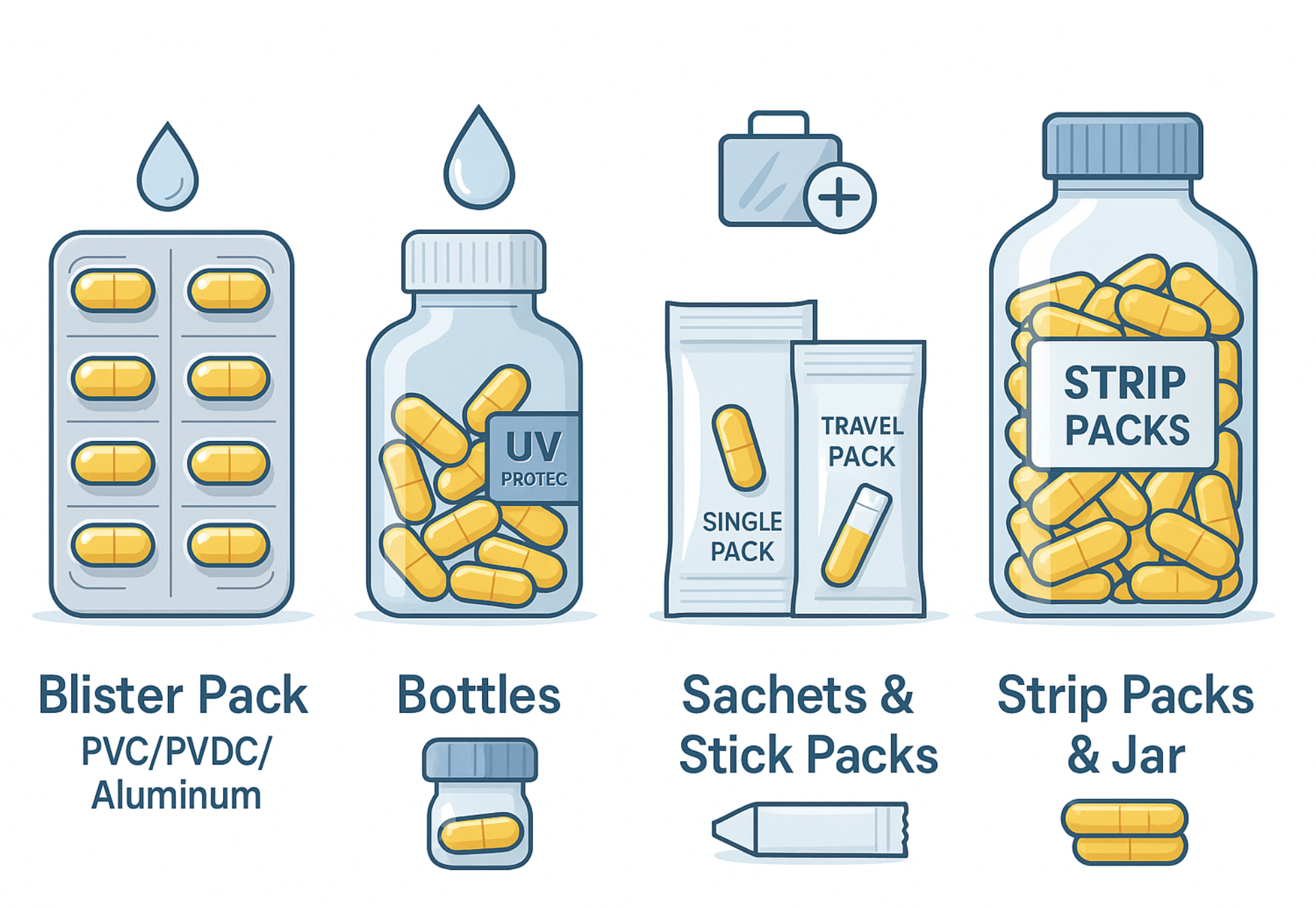Various pharmaceutical packaging types including blister packs, bottles, and ampoules