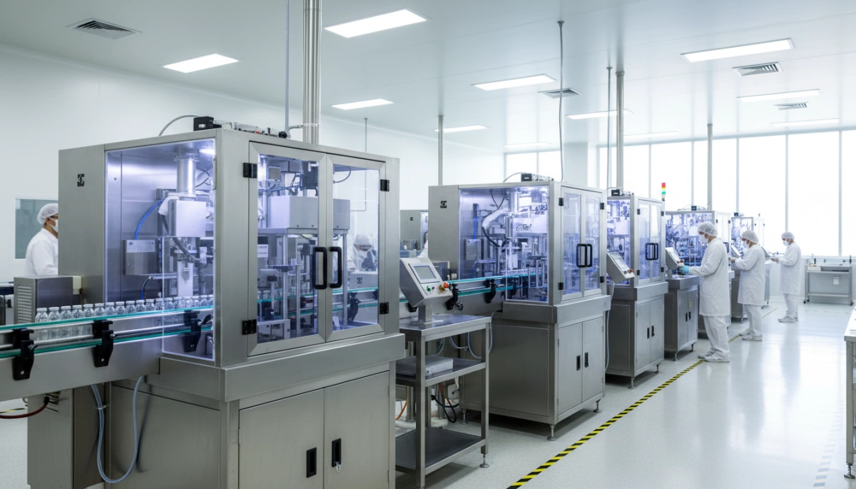 Pharmaceutical quality control professional inspecting packaging on production line