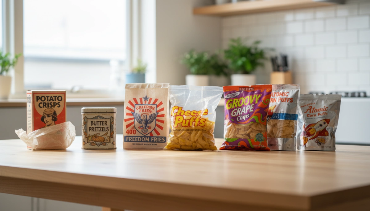 Variety of packaged snack food products in pouches and bags